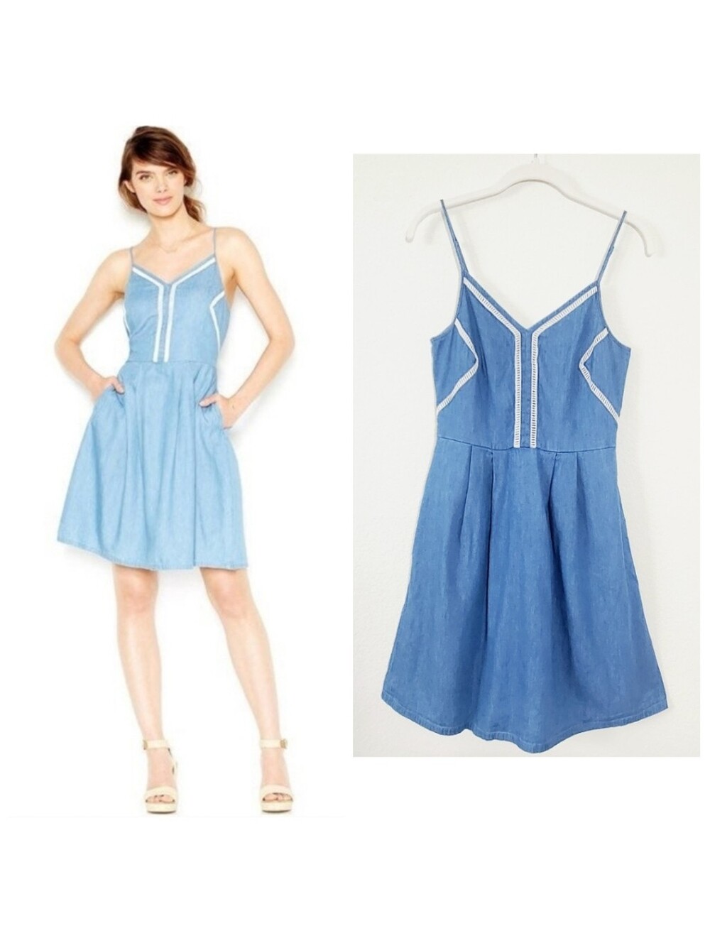 Maison Jules Denim Chambray Western Country Twee Fit & Flare Dress Pockets S